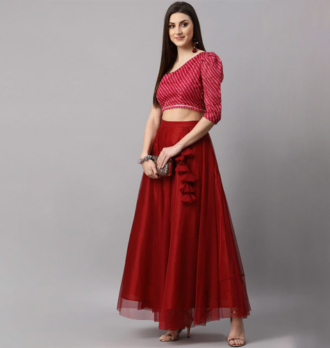 Women Maroon Solid Soft Net Flared Maxi Lehenga Skirt
